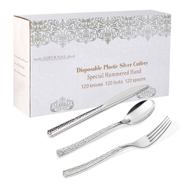 360 pcs Silver Plastic Cutlery, Elegant Plastic Silverware, Disposable Plastic Flatware for Party(Supernal)