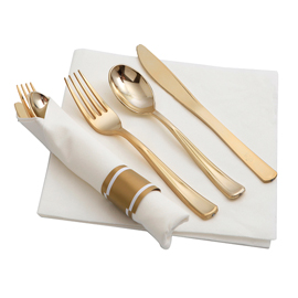 30pcs Pre Rolled Napkin And Gold Disposable Silverware Set, Gold Plastic Cutlery with Linen Napkin, Heavy Weight, Durable Plastic Flatware Suit for Wedding, Catering Event, Big Party, Supernal