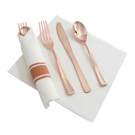 Rose Gold Pre Rolled Napkin and Cutlery Set 30 Pack Disposable Silverware for Catering Events, Parties, and Weddings