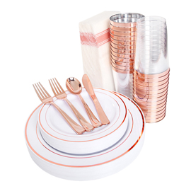 200 pieces Rose Gold Plastic Plates,Rose Gold Silverware, Rose Gold Cups, Linen Like Paper Napkins, Rose Gold Disposable Flatware(Supernal)