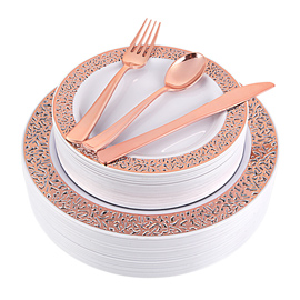 Rose Gold Plates, Rose Gold Silverware, Party Plates with Lace Design(Supernal)