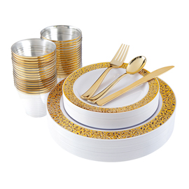 180pcs Plastic Gold Lace Plates, Gold Plastic Silverware, Gold Plastic Cups, Disposable Party Flatware, Durable Wedding Plates and Cutlery Set, Supernal