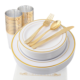 175 PCS Plastic Gold Plates Set, Party Flatware (Supernal)