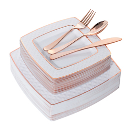 125pcs Rose Gold Square Plates with Rose Gold Silverware, Diamond Disposable plates(Supernal)