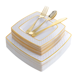 125 Pieces Gold Plastic Disposable Plates, Diamond Square Plates,New Gold Plastic Silverware (Supernal) RC038-1