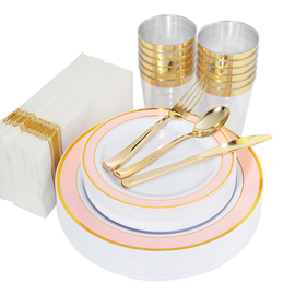 200pcs Gold Plastic Plates, Gold Plastic Silverware, Pink Plates with Gold Rim,Gold Cups and Napkins set(Supernal)