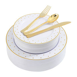 200 Pieces Gold Plastic Dinnerware, White disposable Plates with Gold Printing, Gold Plastic Silverware Includes: 40 Dinner Plates 10.25”, 40 Salad Plates 7.5”, 40 Knives, 40 Forks, 40 Spoons