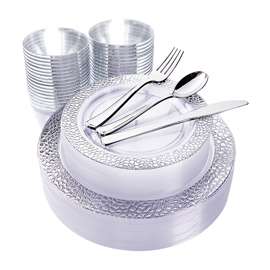 180pcs Plastic Silver Lace Plates, Silver Plastic Silverware,Plastic Cup with silver rim, Include 30 Dinner Plates, 30 Salad Plates, 30 Silver Cups, 30 Silver Knives, 30 Silver Forks, 30 Silver Spoons