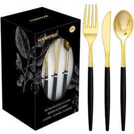 Supernal 102pcs Gold Plastic Siverware, Gold Plastic Cutlery with Black Handle，Gold Plastic Flatware，Gold Forks and Spoons，34 Knives，34 Forks，34 Spoons，Great for Wedding, Party and Birthday,