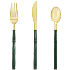 180 Pieces Gold Plastic Cutlery,Durable Plastic Gold Silverware with Green Glitter Bamboo Handle， Disposable Gold Cutlery Set，Supernal