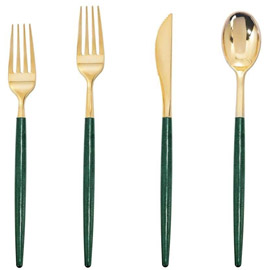 Supernal 180 Pieces Gold Plastic Silverware,Gold Cutlery Plastic with Green Glitter Handle， Include 45 Knives，45 Dinner Forks，45 Dessert Forks，45 Spoons