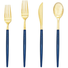 Supernal 180 Pieces Gold Plastic Cutlery,Gold Flatware with Blue Glitter Handle，Disposable Gold and Blue Cutlery，Suitable for Party, Birthday, Weddings