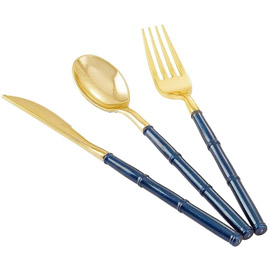 Supernal 180 Pieces Gold Plastic Silverware,Gold Plastic Cutlery with Blue Glitter Bamboo Handle，Elegant Plastic durable Cutlery，60 Gold Knives, 60 Gold Forks, 60 Gold Spoons