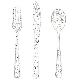 360pcs Clear Plastic Silverware，Clear Glitter Disposable Cutlery with Colorful Design，Plastic Forks and Spoons，120 Forks,120 Knives 120 Spoons，Perfect for Parties Birthday and Restaurants，Supernal