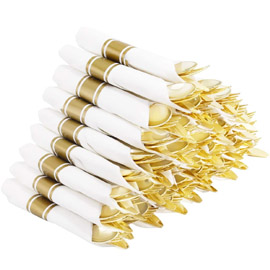 Supernal 60 Pack Pre Rolled Napkins with Gold Plastic Silverware, Premium Disposable Gold Cutlery Includes: 60 Forks 60 Knives 60 Spoons 60 Linen Like Napkins，Gold Cutlery for Party