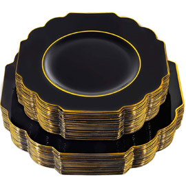 Supernal 60pcs Black Plastic Plates，Baroque Black and Gold Plates with Gold Rim ，Gold Rim Plates Disposable Suit For Wedding Party Formal Occasion Include 30 Plastic Dinner Plates,30 Appetizer Plates