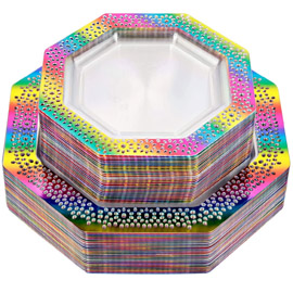 60pcs Rainbow Plastic Plates，Clear Plates with Rainbow Lace Design,Clear Plastic Plates,Disposable Plates including 30 Dinner Plates,30 Dessert Plates for Party and Birthday Parties,Supernal