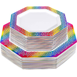 Supernal 60pcs Rainbow Plastic Plates,White Octagonal Plates,Rainbow Plates with Lace Design,Disposable Plates including 30 Dinner Plates,30 Dessert Plates for Wedding and Birthday Parties