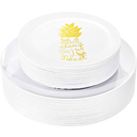 Supernal 60pcs Disposable Plates,Gold Plastic Plates Pineapple Decor, White Plastic Plates for Party Wedding birthday including 30 Dinner Plates,30 White Dessert Plates Disposable