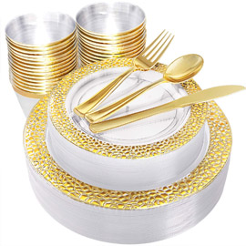 Supernal 180pcs Gold Plastic Dinnerware Set, Clear Plates with Gold Dimond Design, Gold Plastic Silverware, Gold Plastic Plates，Plastic Cup with Gold Rim, Perfect Choice for Wedding and Party