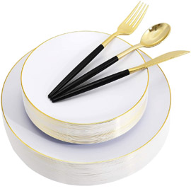 Supernal 150pcs Gold Plastic Plates，Gold Plastic Silverware with Black Handle，White Plates With Gold Rim，Disposable Party Flatware，Gold and Black Plastic Cutlery，Suit for Wedding，Birthday，Party