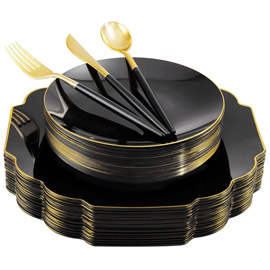 Supernal 150pcs Gold Plastic Dinnerware Set，Black Plastic Plates，Gold Plastic Silverware，Black and Gold Cutlery，include 30 Dinner Plates，30 Dessert Plates，30 Forks，30 Knives，30 Spoons Visit the supernal Sto