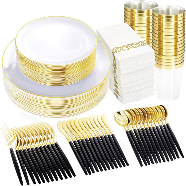 Supernal 350pcs Gold Plastic Plates, Gold and White Plates, Gold Plastic Silverware，Gold Plastic Cups，Black Plastic Silverware，Gold Elegant napkins，Gold Dinnerware Set Great for Wedding，Party.