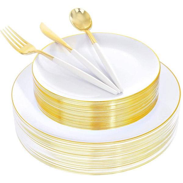 Supernal 150pcs White and Gold Plastic Plates，Gold Plastic Silverware，Gold Plastic Dinnerware Set Includes 60 Gold Plates，30 Forks，30 Knives，30 Spoons For Weddings Celebrations and Parties