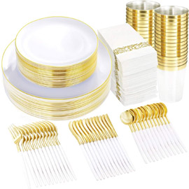 Supernal 350pcs Gold Plastic Dinnerware Set，Gold Plastic Silverware with White Handle，Disposable White Plastic Plates for Party or Wedding， Clear Cups，Gold Rim Napkins