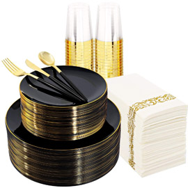 Supernal 350pcs Black Plastic Dinnerware Set，Black Plastic Plates with Gold Rim，Black and Gold Plastic Plates，Gold Plastic Silverware，Wedding Party Plates，Plastic Cups with Gold Rim