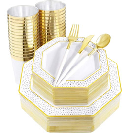 Supernal 180pcs Gold Dinnerware Set,White Plates with Gold Lace Design,Gold Disposable Cutlery,Disposable Octagonal Plates, include 60 Disposable Plates,30 Forks,30 Knife,30Spoons,30 Cups