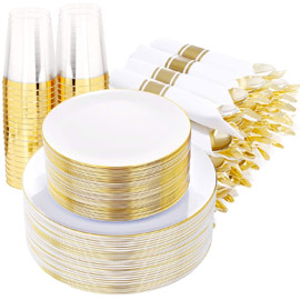 Supernal 350pcs Gold Plastic Dinnerware Set，Gold Plastic Plates，Gold Plastic Silverware，Include :50 Dinner Plates,50 Dessert Plates, 50 Per Rolled Napkins，50 Cutlerty Set，50 Gold Rim Cups