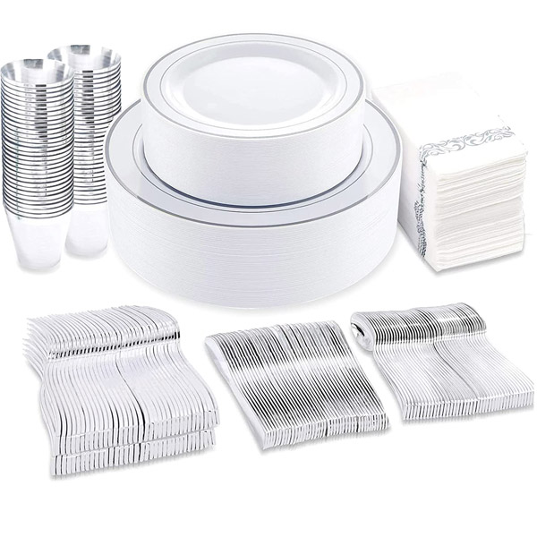 Supernal 400pcs Silver Plastic Plates， Disposable Plates for Weddings，Disposable Wedding Dinnerware，Disposable Silver Cutlery，Silver Plastic Cups，Silver Napkins，Suit for Wedding, Birthday，Party