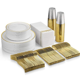 Supernal 400pcs Gold Plastic Dinnerware Set， Gold Plastic Plates，Gold Plastic Silverware， Plastic Cups with Gold Rim，Gold Napkins， Service for 50 Guest，Suit for Wedding, Catering Event, Birthday，Party