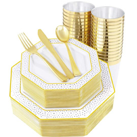 Supernal 180pcs Gold Dinnerware Set， White Plastic Plates with Gold Rim，White Octagonal Plates，Gold Plastic Silverware， Clear Cups with Gold Rim，Suit for Wedding, Catering Event, Birthday，Party