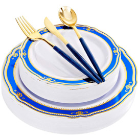 Supernal 150pcs Gold Plastic Dinnerware Set，Blue Plastic Plates，Blue and Gold Lace Design，Gold Plastic Cutlery with Blue Glitter Handle，30 Dinner Plates，30 Dessert Plates，30 Forks，30 Knives，30 Spoons