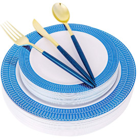 Supernal 150pcs Plastic Plates with Silverware,Plastic Dinnerware with Blue Color, Plastic Party Plates with Petal design，Plastic Gold Silverware with Long Blue Handle，Suit for Wedding，Party，Birthday