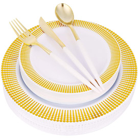 150pcs Gold Plastic Dinnerware, Gold Plastic Plates，Gold Plastic Cutlery with White Handle，White Plates with Gold,Plastic Party Plates，Gold and White Plastic Silverware，Supernal