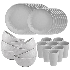 Supernal 32pcs Wheat Straw Dinnerware Sets,Dinnerware Sets for 8,Plates and Bowls Sets,Reusable Tableware,Grey Dish Set 16pcs Plates, 8pcs Bowls, 8pcs Cups,Microwave Dishwasher Safe.